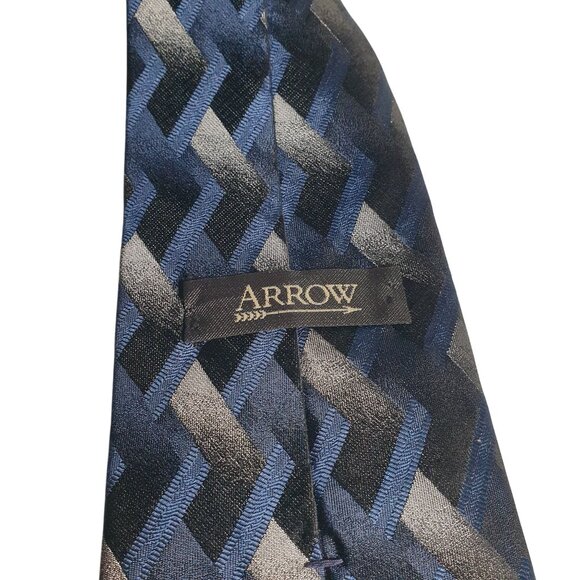 Arrow Chevron Pattern Silk Neck Tie Navy Blue Black Silver Office Dad Gift Retro - Picture 4 of 5